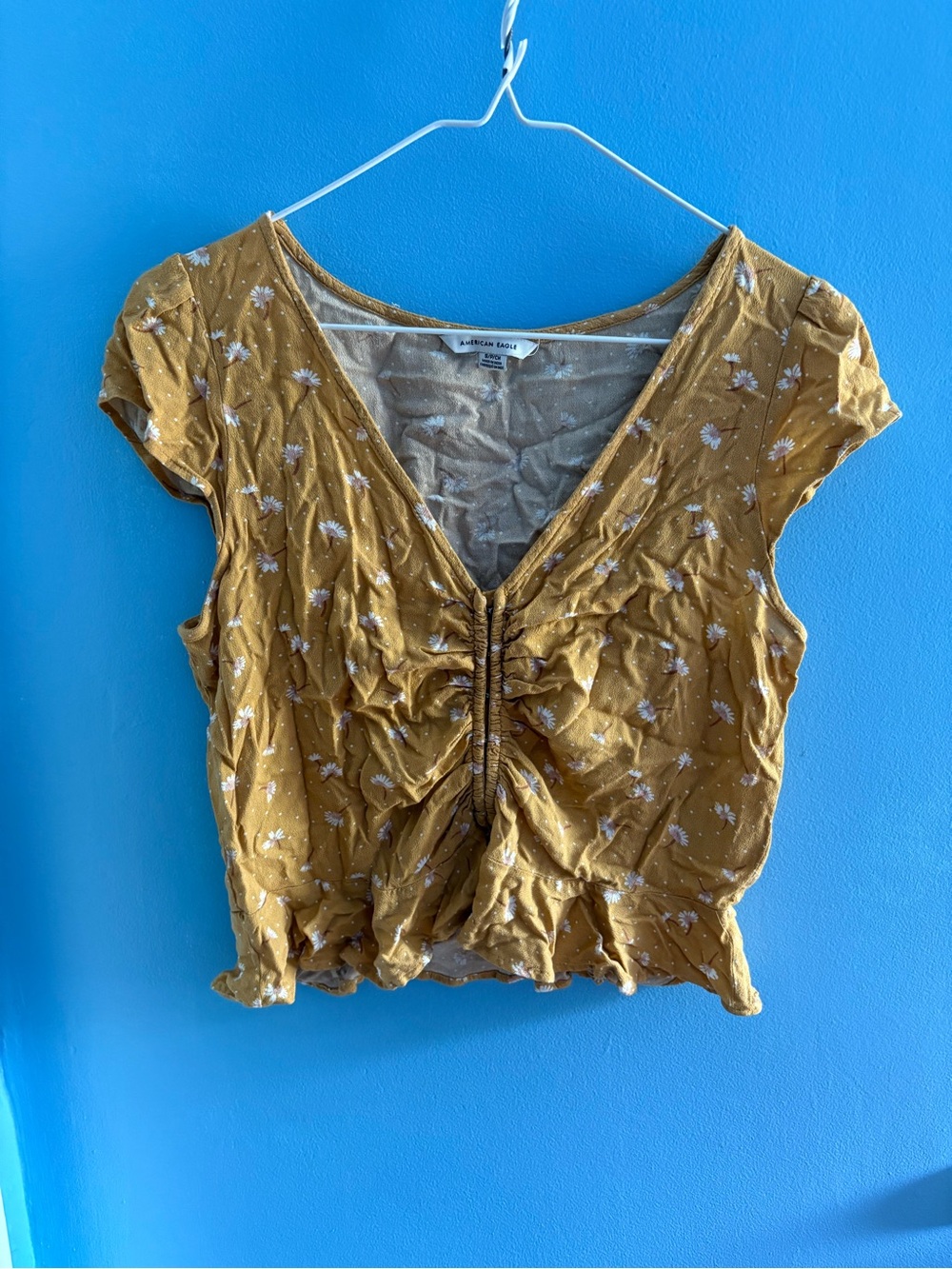 American Eagle Outfitters Mustard Floral Ruched V-Neck Crop Top
